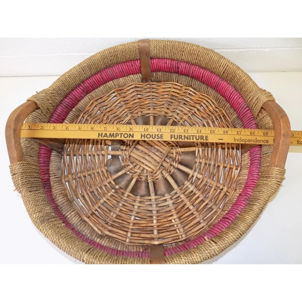 Large Vintage Woven Basket Tray w/ Wood Handles Red Accent Round Boho 20